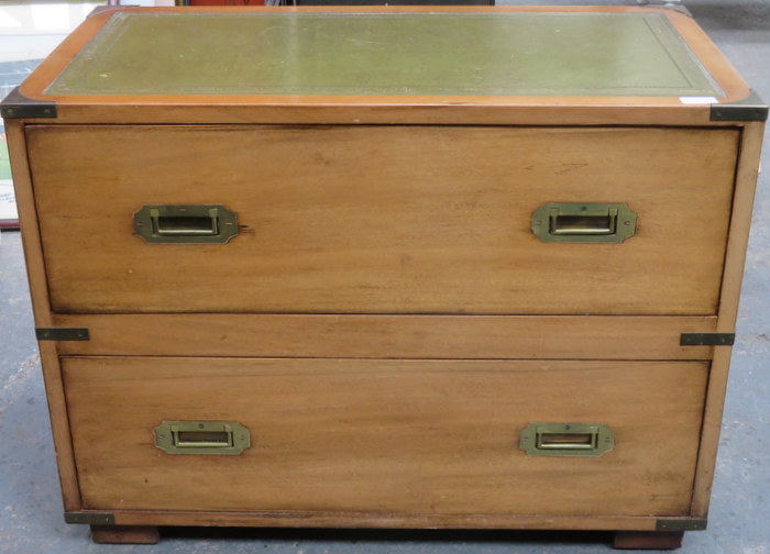 20th CENTURY TWO DRAWER CAMPAIGN STYLE CHEST WITH GREEN LEATHER INSERT