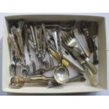 SET OF SIX SILVER HANDLED FORKS AND VARIOUS SILVER PLATED FLATWARE.