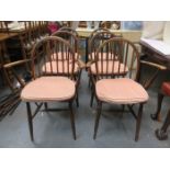 SET OF FOUR AND SIX ERCOL UTILITY STICK BACK CHAIRS.