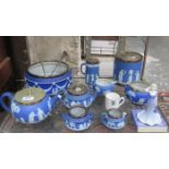 PARCEL OF WEDGWOOD BLUE JASPERWARE, SOME WITH SILVER PLATED RIMS, AND ALSO SMALL COALPORT FIGURE,