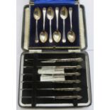 CASED SET OF SIX SILVER TEASPOONS + CASED SET OF SIX SILVER HANDLED KNIVES