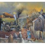 BRIAN GORDON EBONISED AND GILDED FRAMED OIL ON SLATE - STEAM PLOUGHING ON AN AUTUMN AFTERNOON.