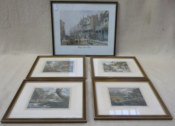 SET OF FOUR POLYCHROME HUNTING PRINTS PLUS PRINT OF WATERGATE STREET,