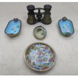 THREE PIECES OF CLOISONNE, MINIATURE PORTRAIT AND OPERA GLASSES.