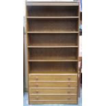 LARGE SET OF 20th CENTURY OAK OPEN BOOKSHELVES FITTED WITH FOUR DRAWERS BELOW