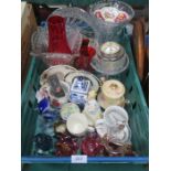 BOX OF COLOURED AND OTHER GLASSWARE AND CERAMICS