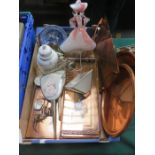 BOX CONTAINING MURANO FIGURE, COPPERWARE AND CERAMICS, ETC.