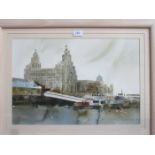 SUSAN BROWN, FRAMED WATERCOLOUR- ROYAL LIVER BUILDING FROM THE MERSEY FERRY,
