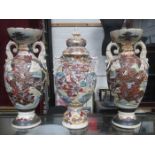 PAIR OF HEAVILY DECORATIVE ORIENTAL VASES AND ONE SIMILAR WITH COVER.