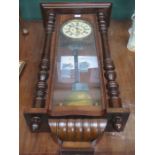 19th CENTURY MAHOGANY AND GLAZED VIENNA WALL CLOCK WITH CIRCULAR ENAMELLED DIAL