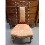 VICTORIAN WALNUT BARLEY TWIST AND PIERCEWORK DECORATED LOW SEATED CHAIR.