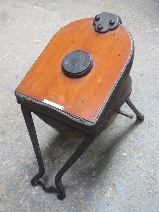 VICTORIAN MAHOGANY AND CAST IRON BELLOWS FOOT PUMP BY NIVOC