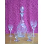 FIVE PIECES OF ETCHED GLASS INCLUDING TWO AIR TWIST GLASSES AND DECANTER, ETC.