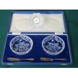 CASED WATERFORD PAIR OF BUTTER DISHES WITH SILVER KNIVES PLUS WATERFORD CRYSTAL CLOCK