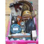 SUNDRY LOT CONTAINING LARGE HANDKERCHIEF, VASE, CAMERA, NOVELTY CLOCKS AND CARPET BOWLS, ETC.