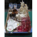 QUANTITY OF COLOURED CRANBERRY GLASSWARE AND CERAMICS