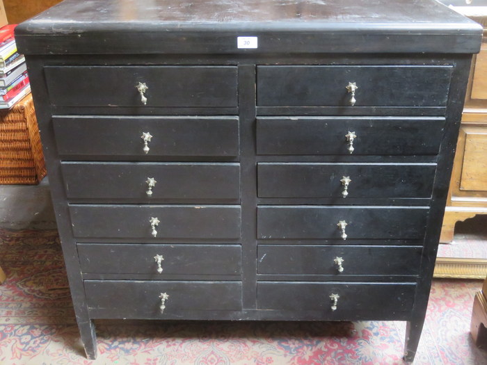 EBONISED TWELVE DRAWER MUSIC CABINET WITH DROP FRONT DRAWERS