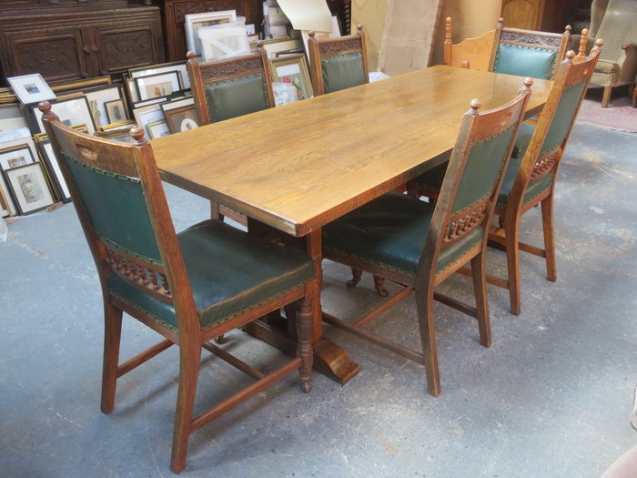 OAK REFECTORY STYLE DINING TABLE AND SEVEN CHAIRS