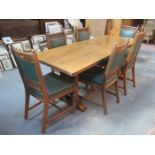 OAK REFECTORY STYLE DINING TABLE AND SEVEN CHAIRS