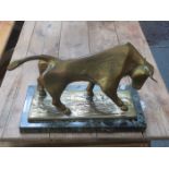 BRIAN BURGESS, BRONZED BRASS STYLIZED BULL STATUE ON MARBLE STAND, SIGNED,