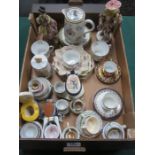 SUNDRY CERAMICS INCLUDING AYNSLEY TEAWARE, FIGURES, NOVELTY ASHTRAYS AND CROWN DERBY CUP AND SAUCER,