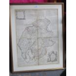 FRAMED CANVAS MAP OF THE COUNTIES OF CUMBERLAND AND WEST MORELAND, DATED 1760, BY BOWEN & KITCHIN,