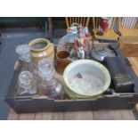SUNDRY LOT INCLUDING DECANTERS, COPPER KETTLE AND TANKARD, ETC.