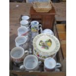 CERAMICS AND GLASS, WOODEN STORAGE BOX AND SOUP BOWLS, ETC.