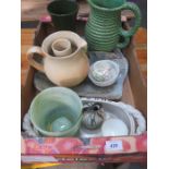 SUNDRY CERAMICS AND GLASS PLUS METAL FORK TRAY, ETC.