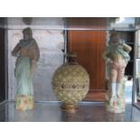 PAIR OF CERAMIC CONTINENTAL FIGURES AND METTLACH VASE FOR RESTORATION