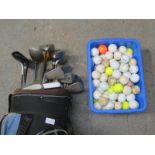 GOLD BAG CONTAINING CLUBS PLUS A BOX OF GOLF BALLS