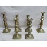 PARCEL OF THREE PAIRS OF ANTIQUE BRASS CANDLE STICKS