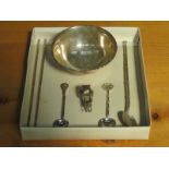 SMALL PARCEL OF ORIENTAL ITEMS INCLUDING SILVER SUGAR BOWL, SPOONS,