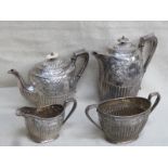 PINDER BROS REPOUSSE FLORAL DECORATED FOUR PIECE BRITANNIA METAL TEA SET