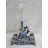 JAMES DIXON & SONS SILVER PLATED STAG FORM DESK STAND WITH INK WELLS AND ETCHED GLASS FUNNEL