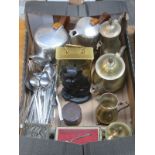 BOX CONTAINING SILVER PLATEDWARE, FLATWARE, MANTLE CLOCK AND PICQUOT WARE, ETC.