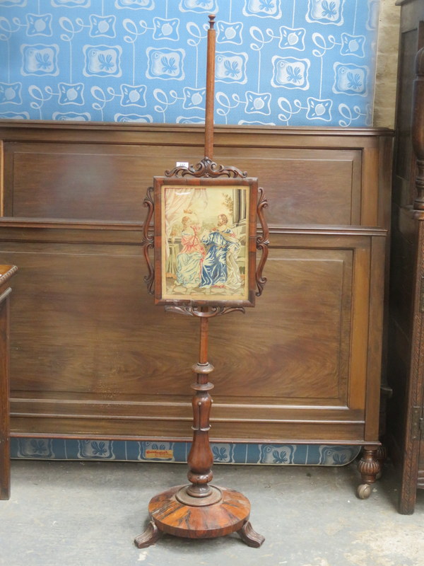 19th ROSEWOOD POLE SCREEN WITH GLAZED TAPESTRY PANEL