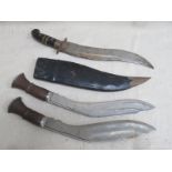 THREE VARIOUS VINTAGE KUKRI STYLE KNIVES,