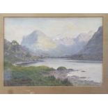 EDWARD THOMPSON FRAMED WATERCOLOUR - DEPICTING LAKESIDE SCENE POSSIBLY CUMBRIA 24cm X 34cm