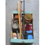 BOX OF SUNDRIES INCLUDING SILVER TOPPED WALKING STICK, STONEWARE JAR, CARRIAGE LAMP, COAT OF ARMS,