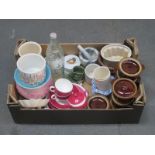 BOX OF SUNDRY CERAMICS INCLUDING WEDGWOOD, VINTAGE COCO COLA BOTTLE AND JELLY MOULDS, ETC.