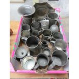 BOX OF VARIOUS PEWTER WARE INCLUDING TANKARDS, VASE AND FUNNEL, ETC.