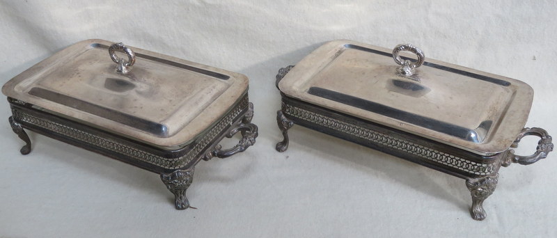 PAIR OF SILVER PLATED AND PIERCEWORK DECORATED TWO HANDLED VEGETABLE DISHES WITH PYREX GLASS LINERS,