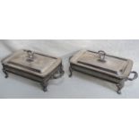 PAIR OF SILVER PLATED AND PIERCEWORK DECORATED TWO HANDLED VEGETABLE DISHES WITH PYREX GLASS LINERS,