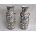 PAIR OF 19th CENTURY FAMILLE VERTE VASES HANDPAINTED WITH ORIENTAL SCENES THROUGHOUT (AT FAULT),