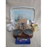 VARIOUS NAVAL PLAYING CARDS, MAURETANIA COIN, MATCHBOXES AND DIECAST MODEL BOAT, ETC.