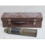 VINTAGE BRASS AND LEATHER THREE DRAW MARINE TELESCOPE WITH LEATHER CASE