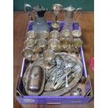 PARCEL OF SILVER PLATEDWARE INCLUDING MEAT PLATE, GOBLETS AND CLARET JUGS AND FLATWARE, ETC.