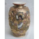 19th CENTURY HEAVILY GILDED SATSUMA WARE VASE, HANDPAINTED AND RELIEF DECORATED FIGURES THROUGHOUT,