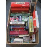 BOX CONTAINING VINTAGE BOARD GAMES INCLUDING DOMINOS PLUS JIGSAWS AND TENNIS RACKET